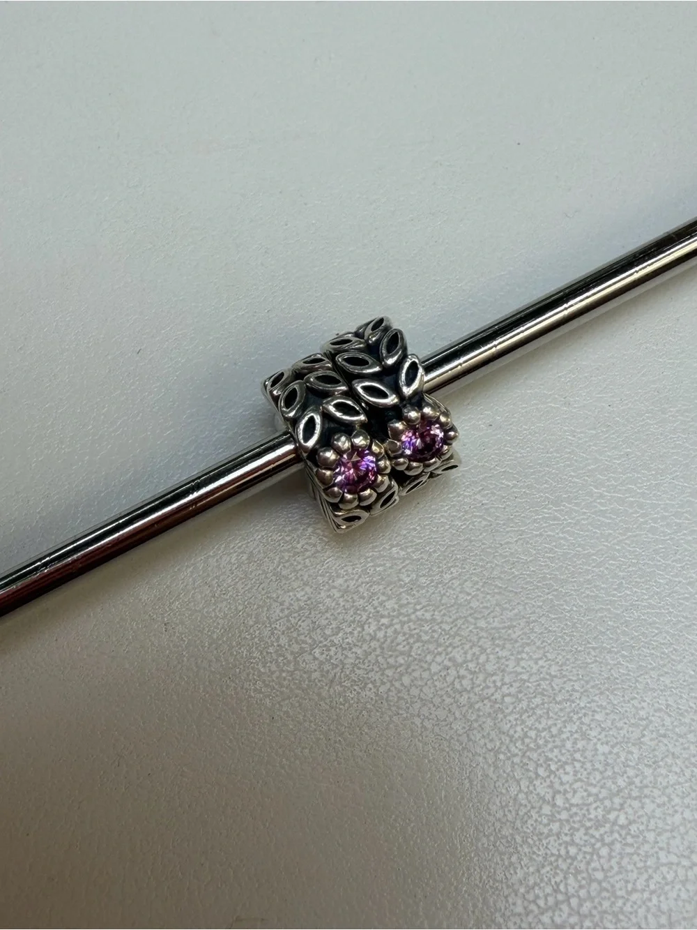 Pandora 2x Flower Spacers Sterling Silver Floral Charm Bead with purple gem